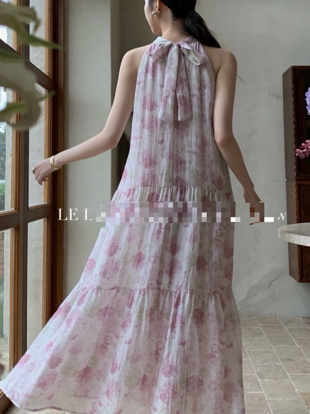 Water-colour Floral Halter Tiered Maxi Dress - Pastel Pink - Picture 3 of 12